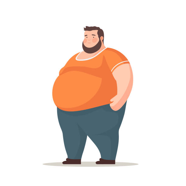 Fat man stands isolated on white background. Fat man stands isolated on white background. Overweight man in cartoon style. Vector stock obesity stock illustrations