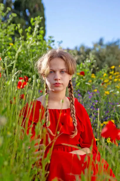 Young girl with braids wearing a red dress in the middle of a poppy field during spring