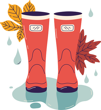 Gumboots In Rain Paddle With Leaves Vector Illustration