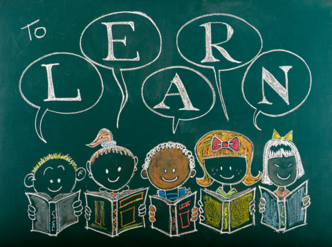 Multi-Ethnic group of children sketched on blackboard
