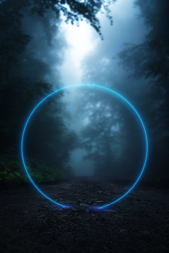 Abstract glowing circle in the foggy wood. Virtual reality portal, metaverse concept.