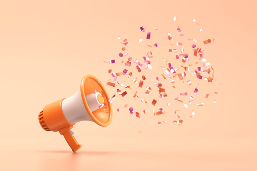 Orange megaphone with shiny confetti on a orange background. 3d illustration