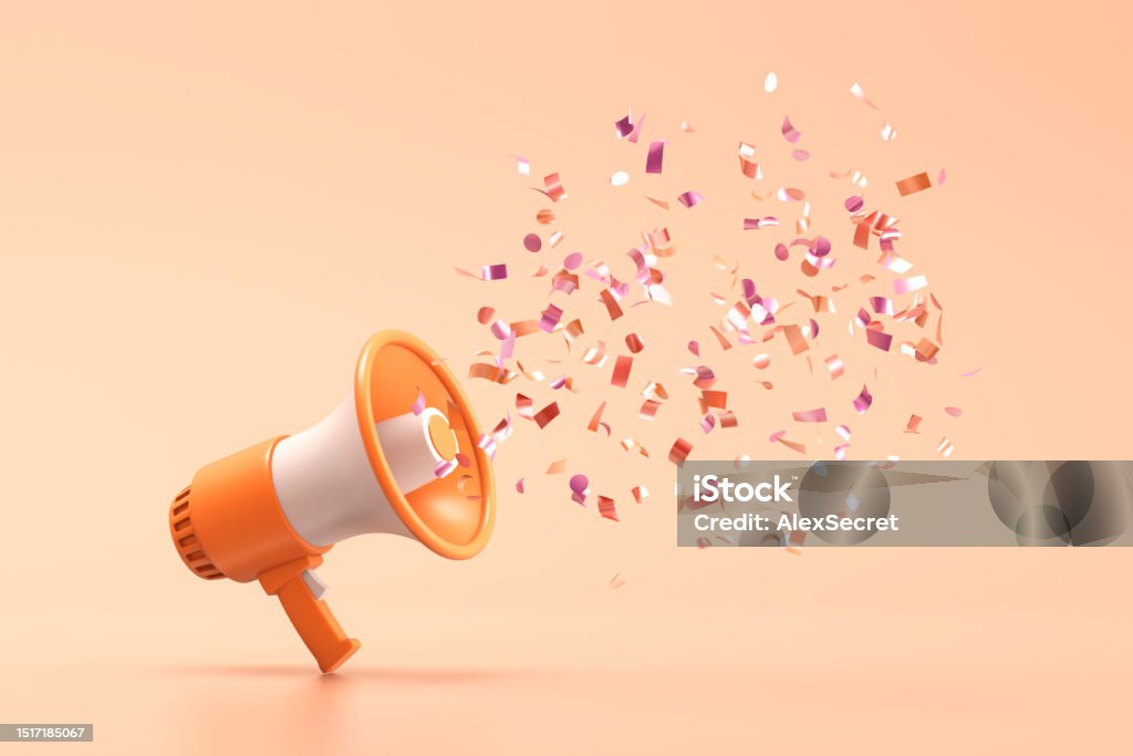 Megaphone with shiny confetti coming out of it Orange megaphone with shiny confetti on a orange background. 3d illustration Sale Stock Photo