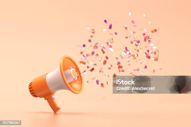 Megaphone With Shiny Confetti Coming Out Of It Stock Photo - Download Image Now - Sale, Marketing, Megaphone