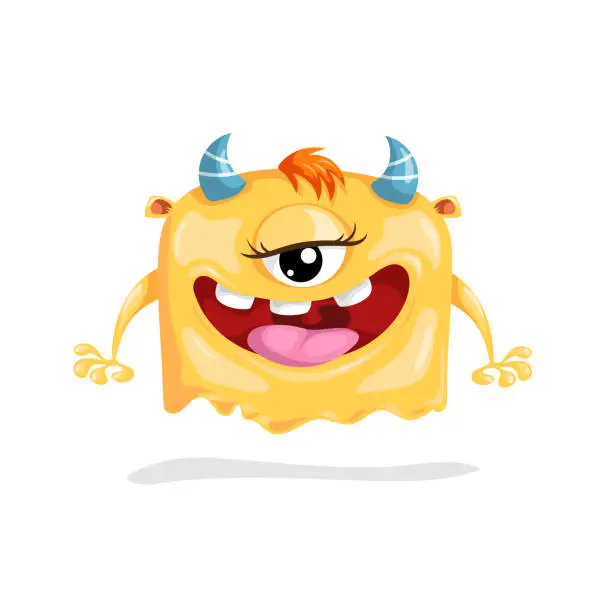 Vector illustration of Cute yellow one-eyed monster. Happy Halloween mascot character. Best for kid parties designs, t-shirt and posters. Vector illustration.