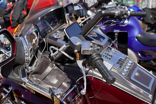 Barry Island, Vale of Glamorgan, Wales - June 20 2023: Close up of motorcycle Honda Gold Wing at the annual Festival of Transport displaying popular and iconic old-timers and vintage vehicles