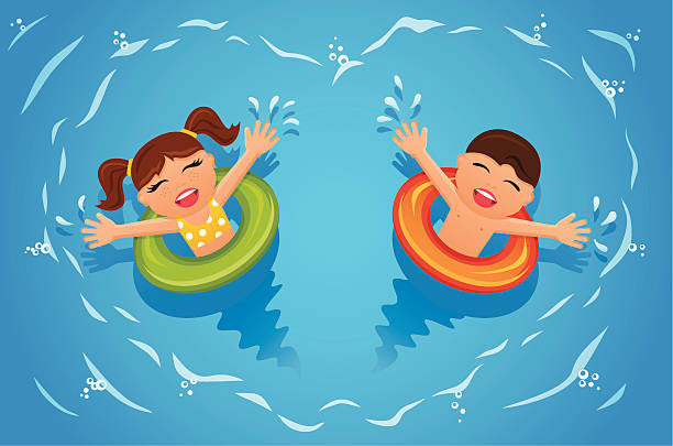 ilustraciones, imágenes clip art, dibujos animados e iconos de stock de happy niños - swimwear child inner tube little girls