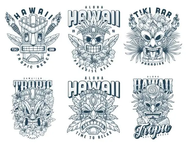 Vector illustration of Hawaii mascots set emblems monochrome