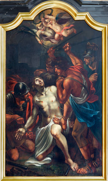 Luzern - The painting Martyrdom of St. Sebastian in the church Franziskanerkirche Luzern - The painting Martyrdom of St. Sebastian in the church Franziskanerkirche by author I. B. initials (1790). martyr stock pictures, royalty-free photos & images
