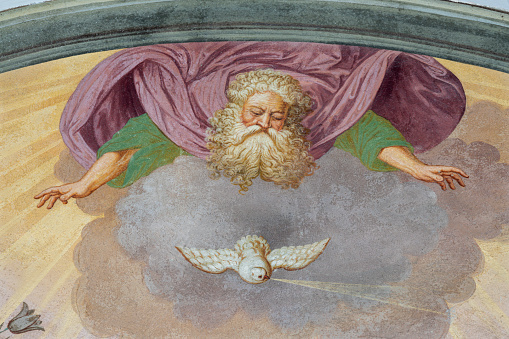 Alagna - The detail from fresco of  Annunciation (God the Father) on the facade of church  San Giovanni Battista by Alonzo and Giuseppe Antonio Avondo (1843).