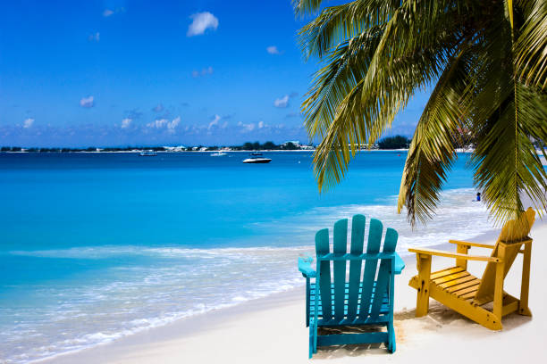 istock Color chairs on white sand beach 1517249294