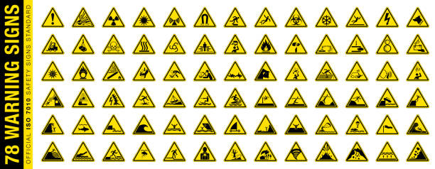 illustrations, cliparts, dessins animés et icônes de ensemble complet de 78 symboles dangereux isolés sur le panneau triangulaire rond jaune d’avertissement. norme officielle iso 7010 sur les panneaux de sécurité. - 7010