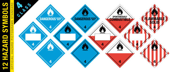Full set of 12 Class 4 isolated hazardous material signs. Dangerous, spontaneously combustible, flammable solid. Hazmat isolated placards. Official Hazard pictograms standard. Vector hazardous material signs. Globally Harmonized System warning signs. Flammable Solids. Class 4. Hazmat isolated placards hazardous waste symbol stock illustrations