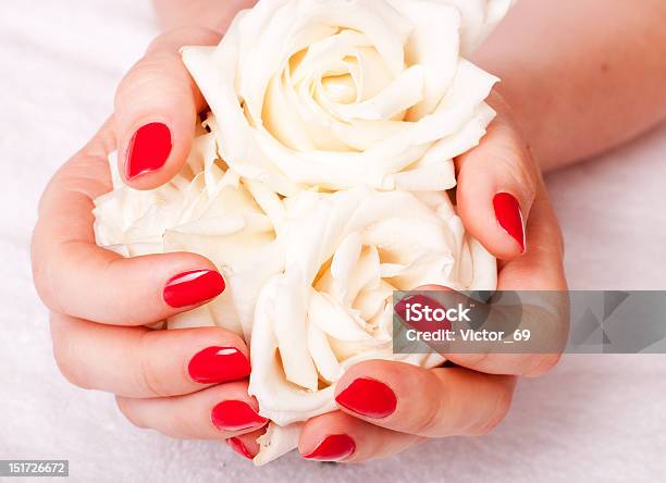 Closeup Image Of Red Manicure With Flowers Stock Photo - Download Image Now - Adult, Beautiful People, Beautiful Woman