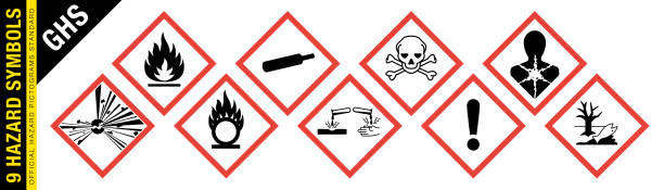 Full set of 9 isolated hazardous material signs. Globally Harmonized System Warning Signs GHS. Hazmat isolated placards. Official Hazard pictograms standard. Vector hazardous material signs. Globally Harmonized System warning signs. Hazmat isolated placards hazardous waste symbol stock illustrations