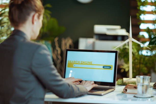 istock Seen from behind modern business woman using search engine 1517273597