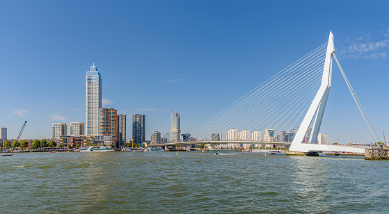 Rotterdam, Netherlands - September 3, 2022: Rotterdam skyline on the river Maas, Panoramic image