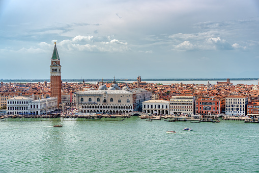 View from above over the Grand Canal with Doge s Palace (Palazzo Ducale) and Colonna di San Marco in Venice.