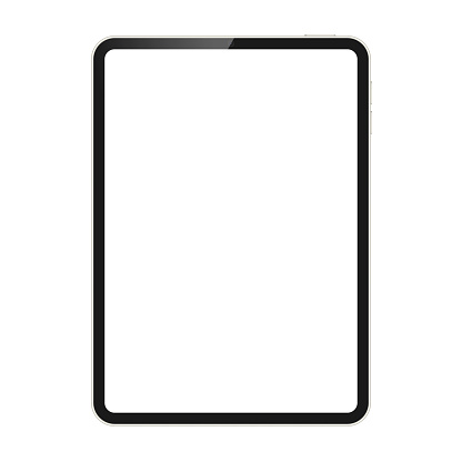 Tablet vector mockup with blank screen. White tablet display template isolated on white background.