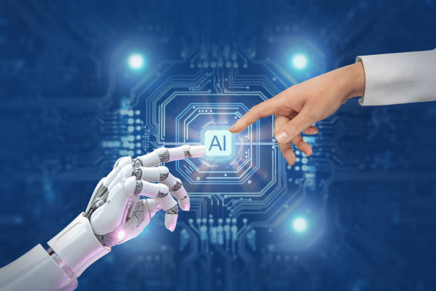 mano robotica cyborg bianca che punta il dito verso la mano umana con il dito teso - intelligenza artificiale ai. - intelligenza artificiale foto e immagini stock