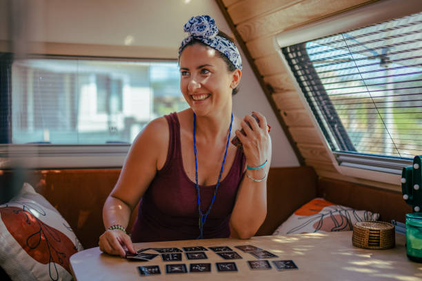 Beautiful woman having fun in her camper