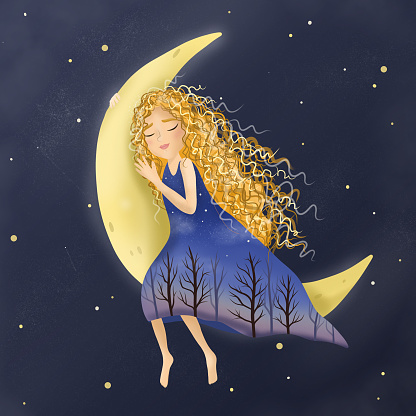 Romantic cute girl sitting on the moon with stars.