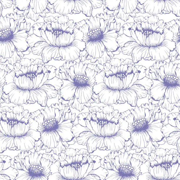 Vector illustration of Chines peonies flower seamless pattern for textile. Hand drawn ink floral background