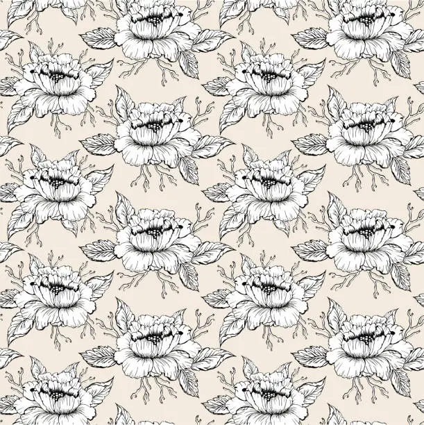 Vector illustration of Chines peonies flower seamless pattern for textile. Hand drawn ink floral background