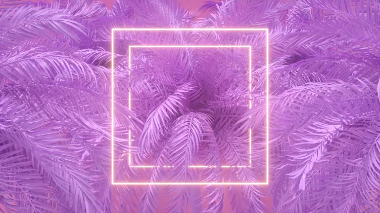 Neon lighting frame with palm trees, summer animation background