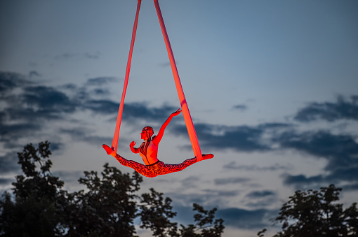 July 1-2023-Bucharest Romania- MERAVIGLIA from Italy show at B-FIT international Street Theatre, .A cultural event that involves international artists and acrobats, who act in theater plays on street.