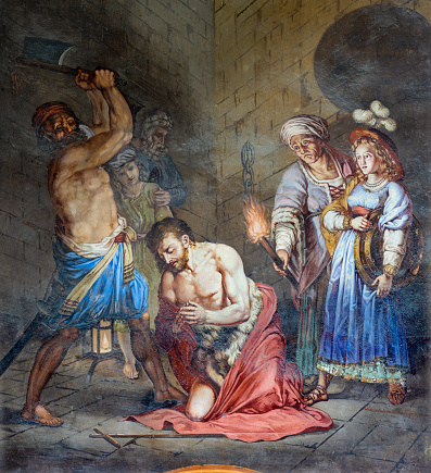 Alagna - The fresco of Decapitation of St. John the Baptist on the facade of church  San Giovanni Battista by Alonzo and Giuseppe Antonio Avondo (1843).