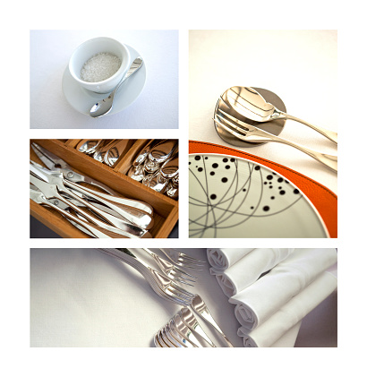 Collage of crockery and cutlery in a dining room