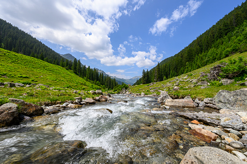 A turbulent river flows between rocks in the mountains