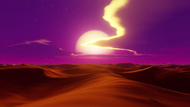 Flight over the dunes at sunset, stylized synthwave animation, seamless loop
