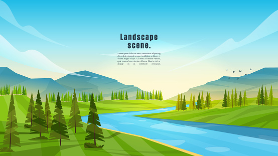 Vector illustration. Meadow polygonal landscape. Clear sky background. Lake by forest. Graphic modern ecology wallpaper. Abstract art. Minimalist style. Design element for web banner, website template