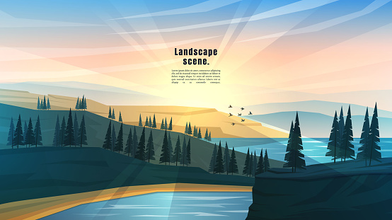 Peaceful landscape. Vector illustration. Minimalist style. Colorful wallpaper in the natural concept. Silhouettes of the mountains by forest trees. Slopes, relief. Woods near water. Evening sunset