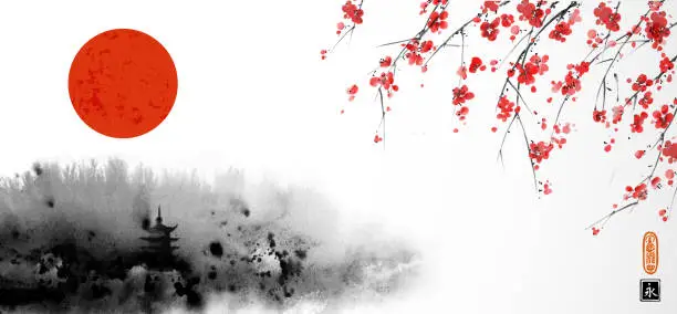 Vector illustration of Ink wash painting with red sun, misty forest mountains, pagoda temple and sakura blossom. Traditional oriental ink painting sumi-e, u-sin, go-hua. Translation of hieroglyph - eternity