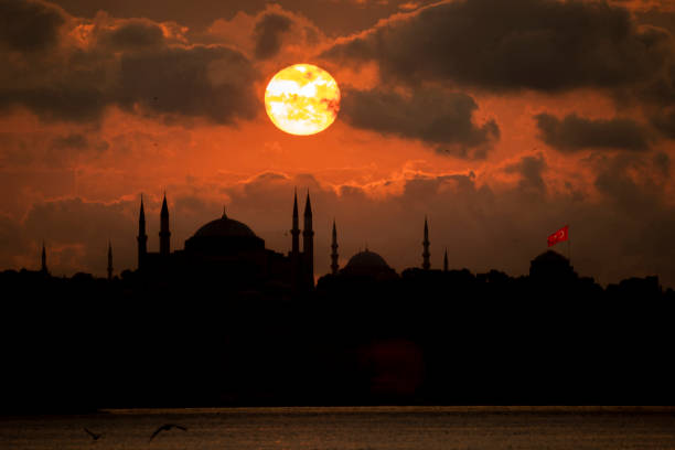 Bosphorus at sunset from Hagia Sophia, Istanbul, Turkey stock photo