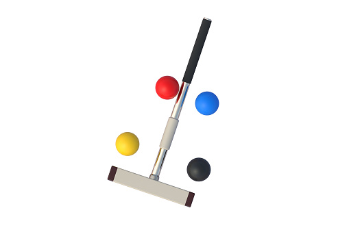 Croquet mallet and balls isolated on white background. Traditional british game. 3d render