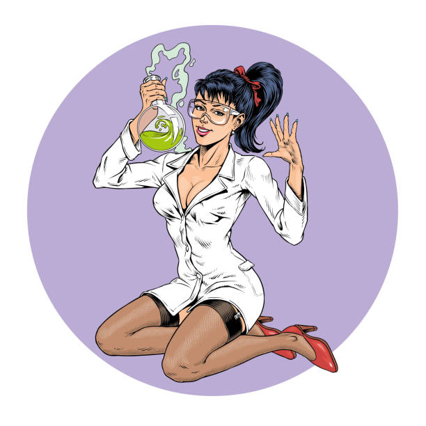 ilustrações, clipart, desenhos animados e ícones de mulher cientista em um jaleco sentado e segurando um frasco com uma substância verde, isolado em um fundo branco. experimento químico. ilustração vetorial de estilo pin up - scientist sensuality women lab coat