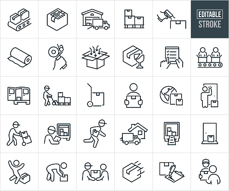 A set of package pickup and delivery icons that include editable strokes or outlines using the EPS vector file. The icons include cardboard packages on a conveyor belt, cardboard package with mailing label ready to be shipped, truck picking up packages at a warehouse, cardboard boxes on a pallet, scan gun scanning package, packing paper, packaging tape, filling cardboard box to send as package, fragile package, order fulfillment, workers on an fulfillment line filling packages, delivery van with package, worker in warehouse with packages on a palette, package on dolly, customer holding a delivered package in arms, global delivery, delivery person delivering package to doorstep, delivery man delivering packages using a hand cart, delivery person running with package for delivery, home package delivery, delivery truck with packages in back, delivered cardboard package on customer doorstep, happy customer receiving package, deliveryman handing customer a package upon delivery and other related icons.