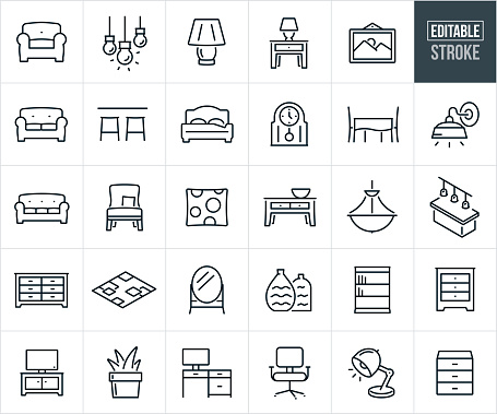 A set of home furniture icons that include editable strokes or outlines using the EPS vector file. The icons include an arm chair, love seat, couch, sofa, home lights, lamp, end table, framed picture, barstools, bed, clock, dining table, decorative pillow, throw pillow, coffee table, chandelier, kitchen island, dresser, area rug, mirror, vases, bookcase, TV stand, plant, office desk, office chair, office lamp, filing cabinet and home decor.