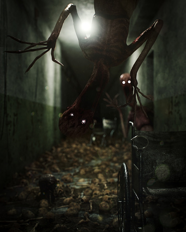 Digitally generated horror/scary scene depicting grotesque and ugly creatures inside an abandoned asylum corridor.

The scene was created in Autodesk® 3ds Max 2024 with V-Ray 6 and rendered with photorealistic shaders and lighting in Chaos® Vantage with some post-production added.