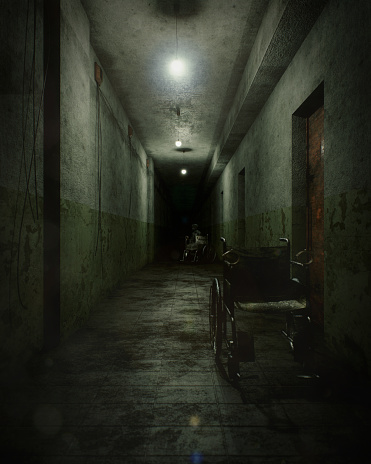 A ghostly woman in torn wedding dress floats along a dark haunted hotel hallway; 3D illustration.