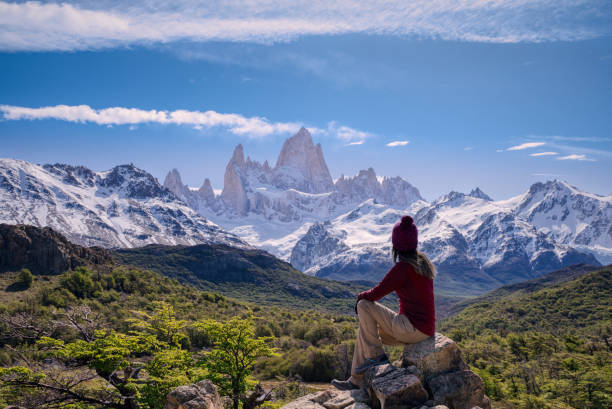 женщина, сидящая на точке с видом на гору фитц-рой - argentina landscape multi colored mountain стоковые фото и изображения
