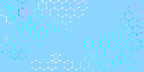 Geometric hexagonal background with molecular structure for a design on the theme of science and innovation in chemistry, molecular patters, and the organization of substances. Copy space