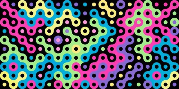 Vector illustration of Bright art background. Colorful streamlined connected elements with round holes on black background for web design, poster, presentation. Vector