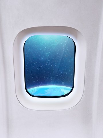 spaceship window view of earth and stars