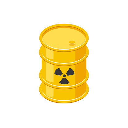 Isometric barrel with nuclear waste. 3d icon of metal yellow drum with hazardous radiation sign. Vector illustration isolated on a white background.