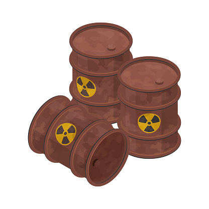 Isometric rusty barrels with radioactive waste. 3d icon of metal drums. Vector illustration isolated on a white background in flat style.